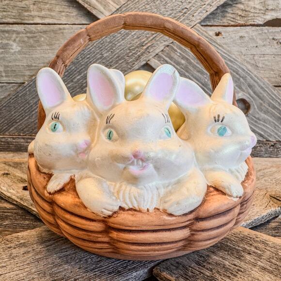 1970's Vintage Atlantic Mold, Easter Bunnies in Basket w/ 15 Iridescent Eggs - Picture 1 of 12